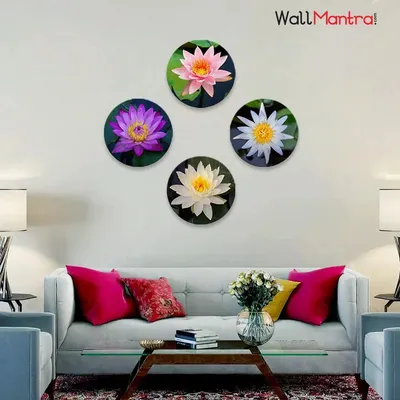 Beautiful Lotus Flower Round Shape Canvas Wall Painting - 4 Set