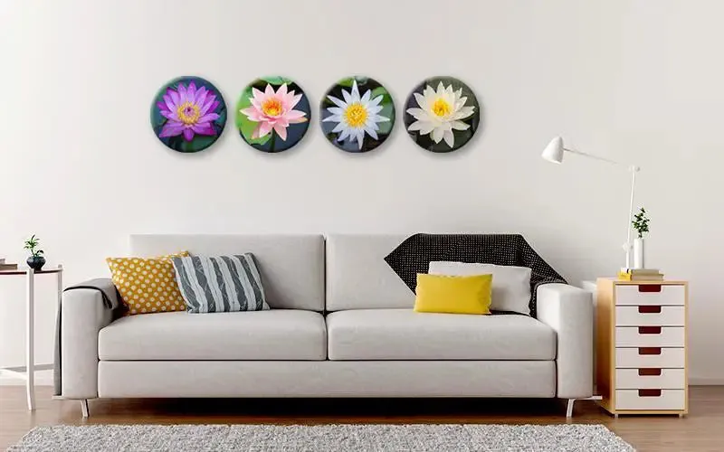 Beautiful Lotus Flower Round Shape Canvas Wall Painting - 4 Set