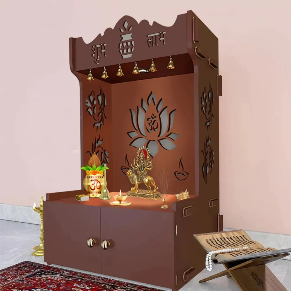 Beautiful Lotus Pattern Floor Temple With Spacious Wooden Shelf &amp; Inbuilt Focus Light- Brown Finish