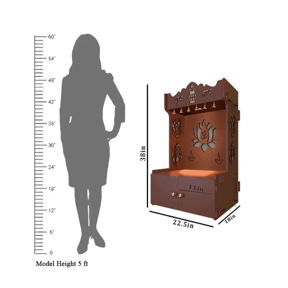 Beautiful Lotus Pattern Floor Temple With Spacious Wooden Shelf &amp; Inbuilt Focus Light- Brown Finish