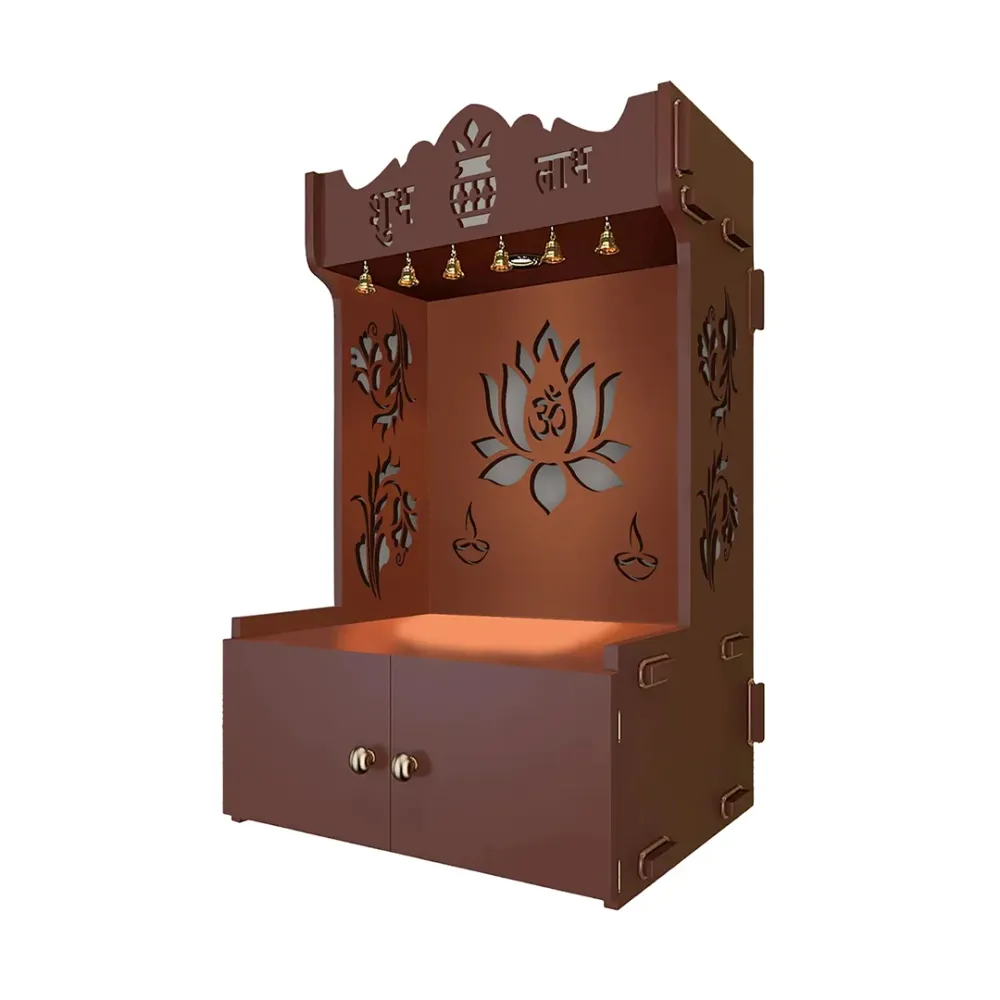 Beautiful Lotus Pattern Floor Temple With Spacious Wooden Shelf &amp; Inbuilt Focus Light- Brown Finish