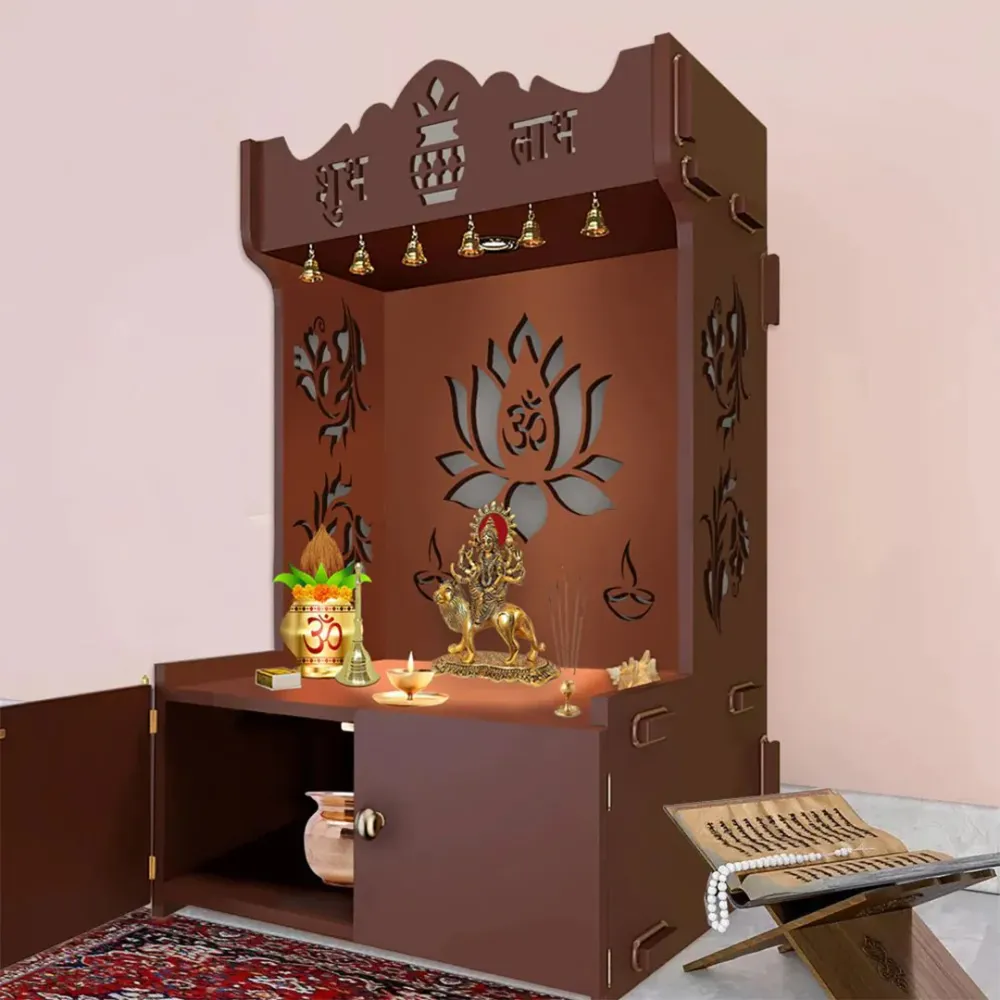 Beautiful Lotus Pattern Floor Temple With Spacious Wooden Shelf &amp; Inbuilt Focus Light- Brown Finish