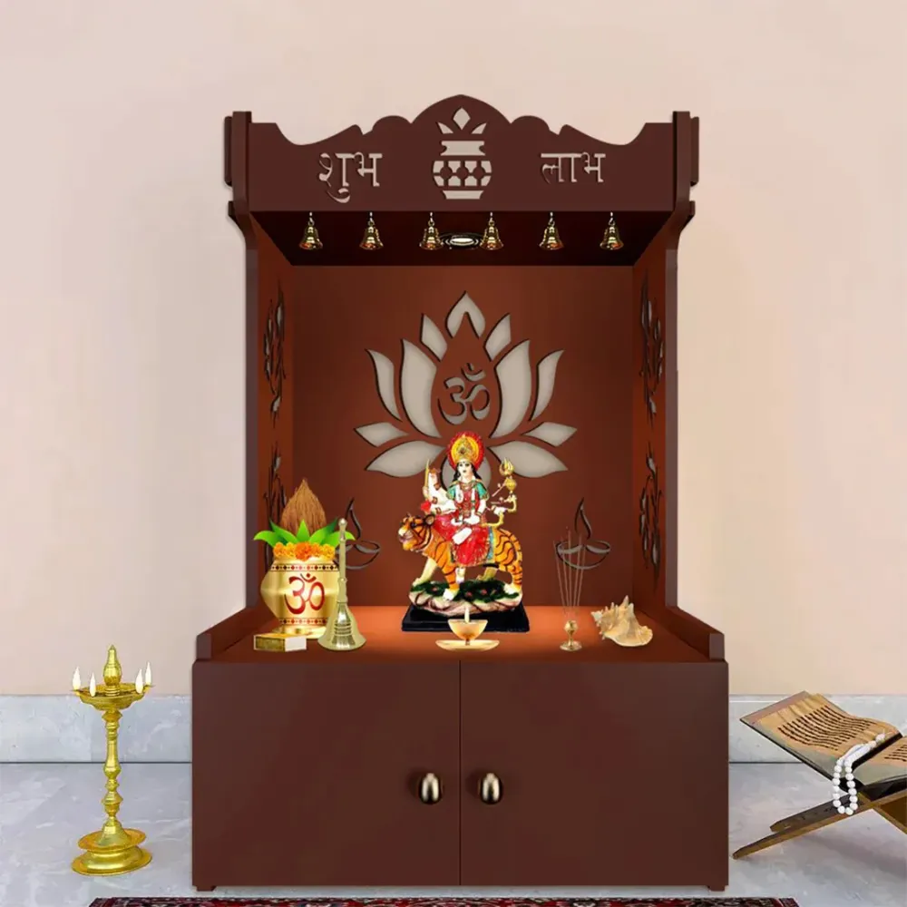 Beautiful Lotus Pattern Floor Temple With Spacious Wooden Shelf &amp; Inbuilt Focus Light- Brown Finish
