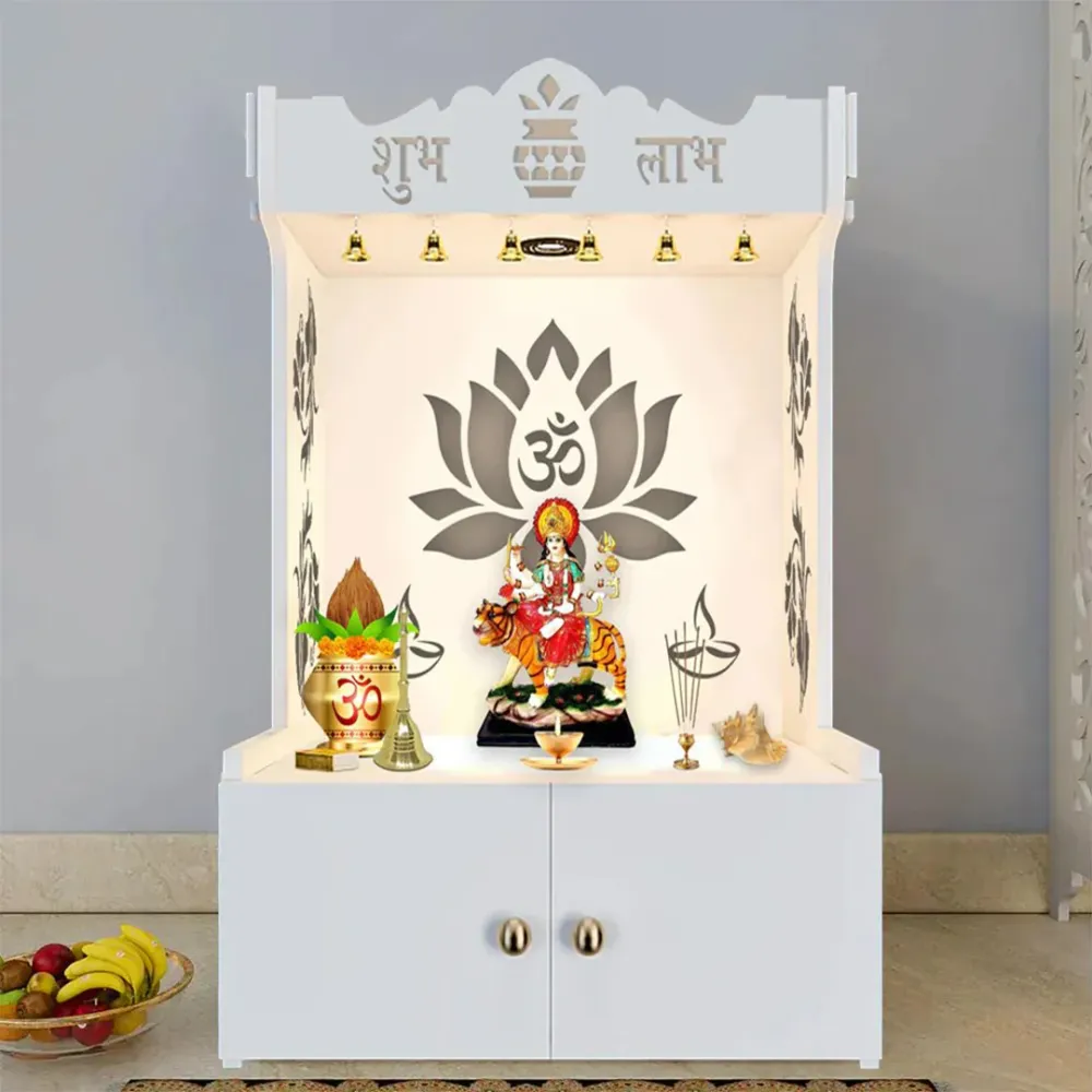 Beautiful Lotus Pattern Floor Temple With Spacious Wooden Shelf &amp; Inbuilt Focus Light- White Finish