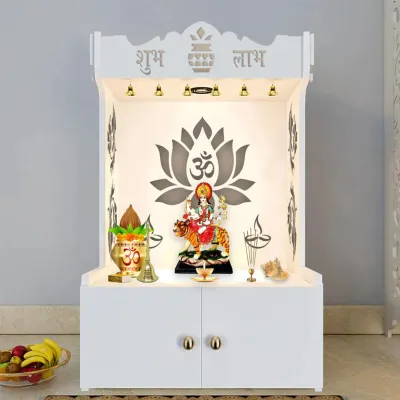 Beautiful Lotus Pattern Floor Temple With Spacious Wooden Shelf &amp; Inbuilt Focus Light- White Finish