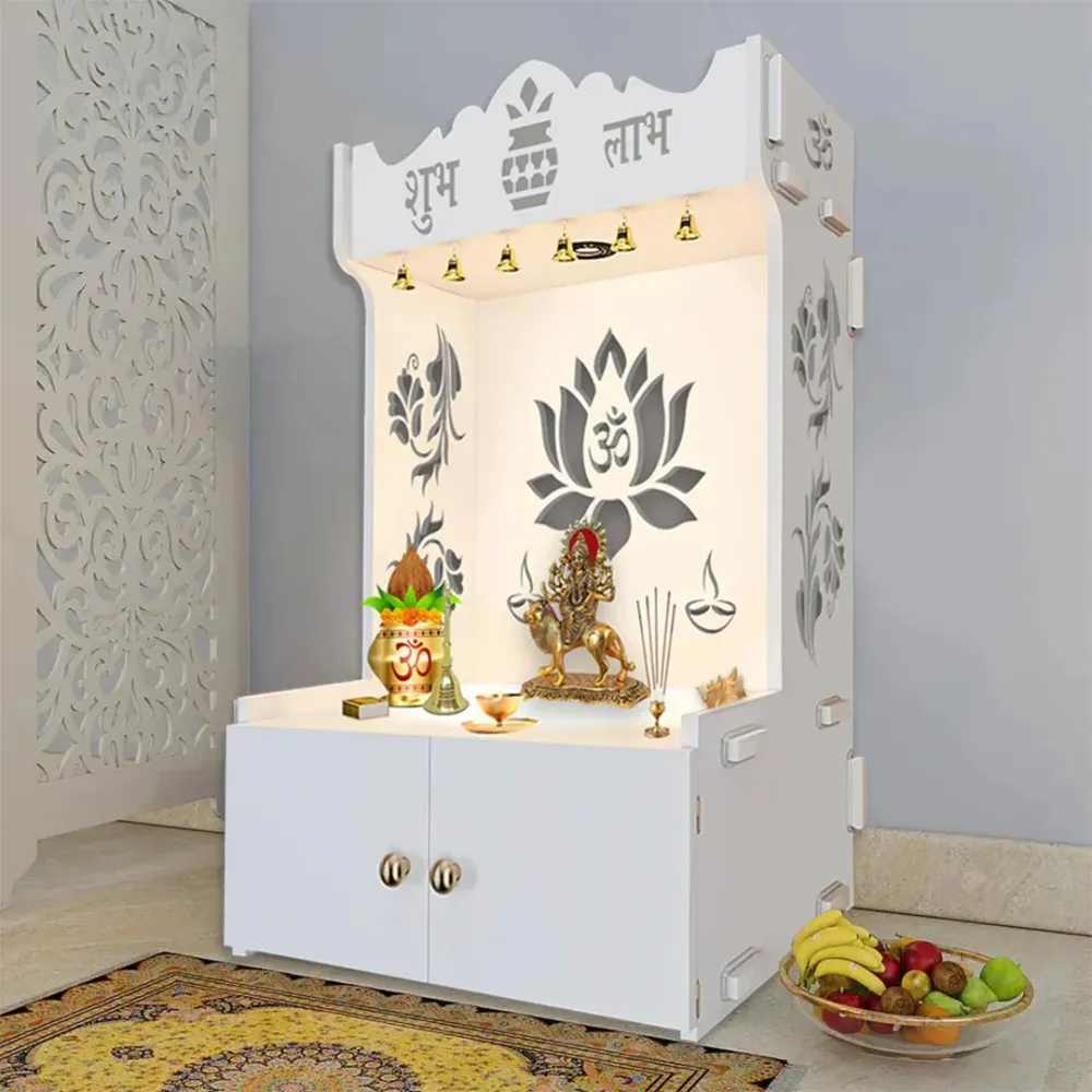 Beautiful Lotus Pattern Floor Temple With Spacious Wooden Shelf &amp; Inbuilt Focus Light- White Finish