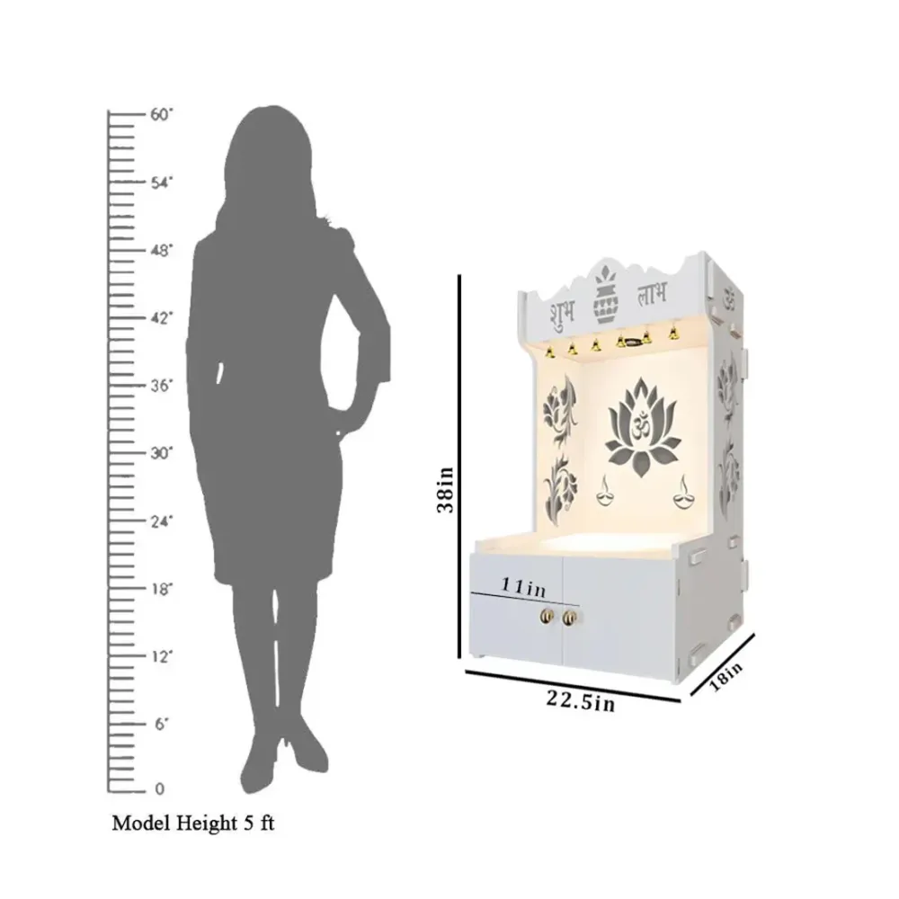 Beautiful Lotus Pattern Floor Temple With Spacious Wooden Shelf &amp; Inbuilt Focus Light- White Finish