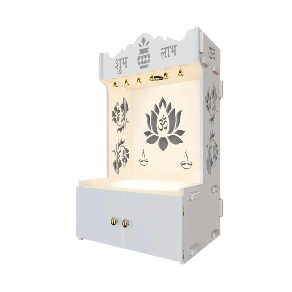 Beautiful Lotus Pattern Floor Temple With Spacious Wooden Shelf &amp; Inbuilt Focus Light- White Finish