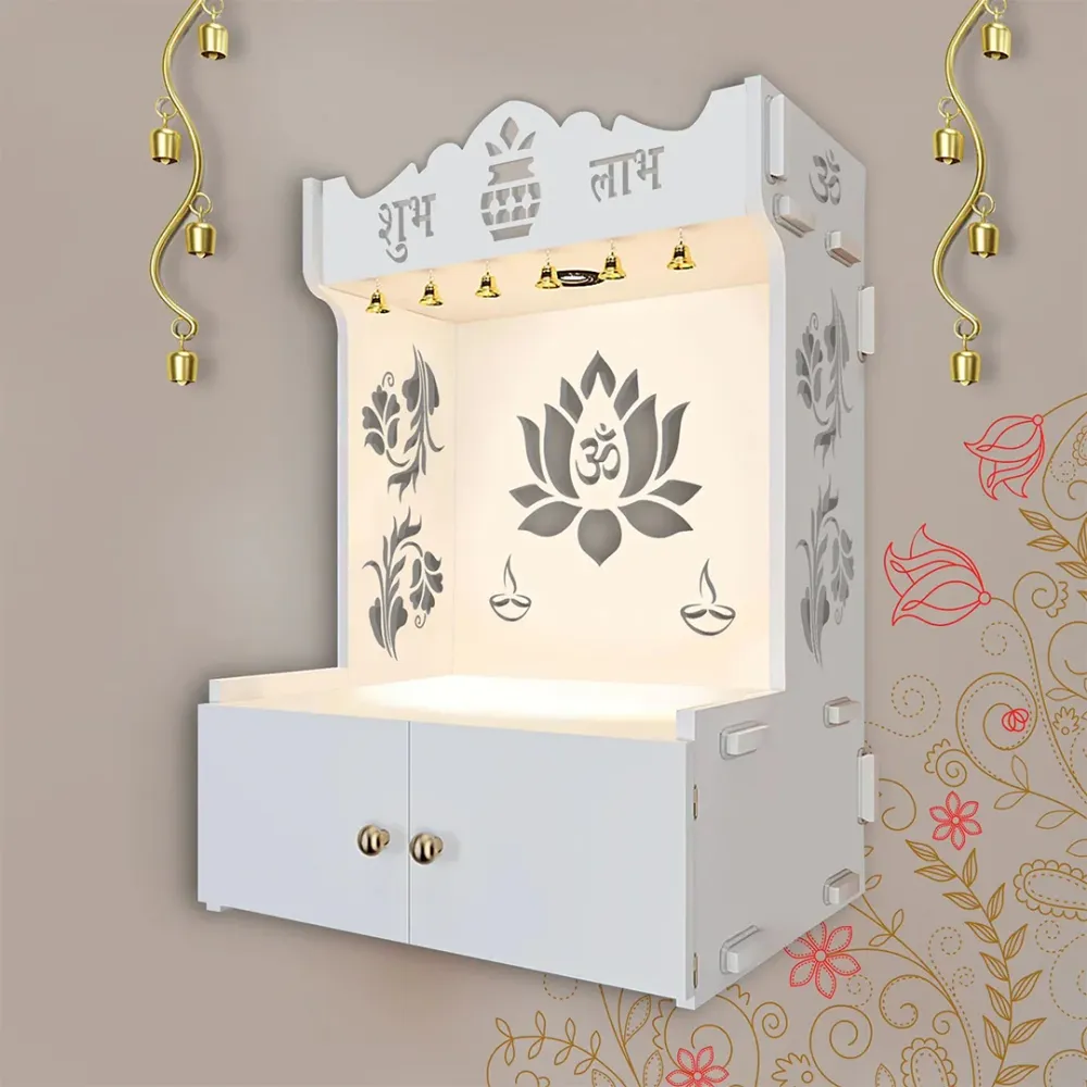 Beautiful Lotus Pattern White Wooden Wall Temple For Home With Inbuilt Focus Lights &amp; Spacious Shelf
