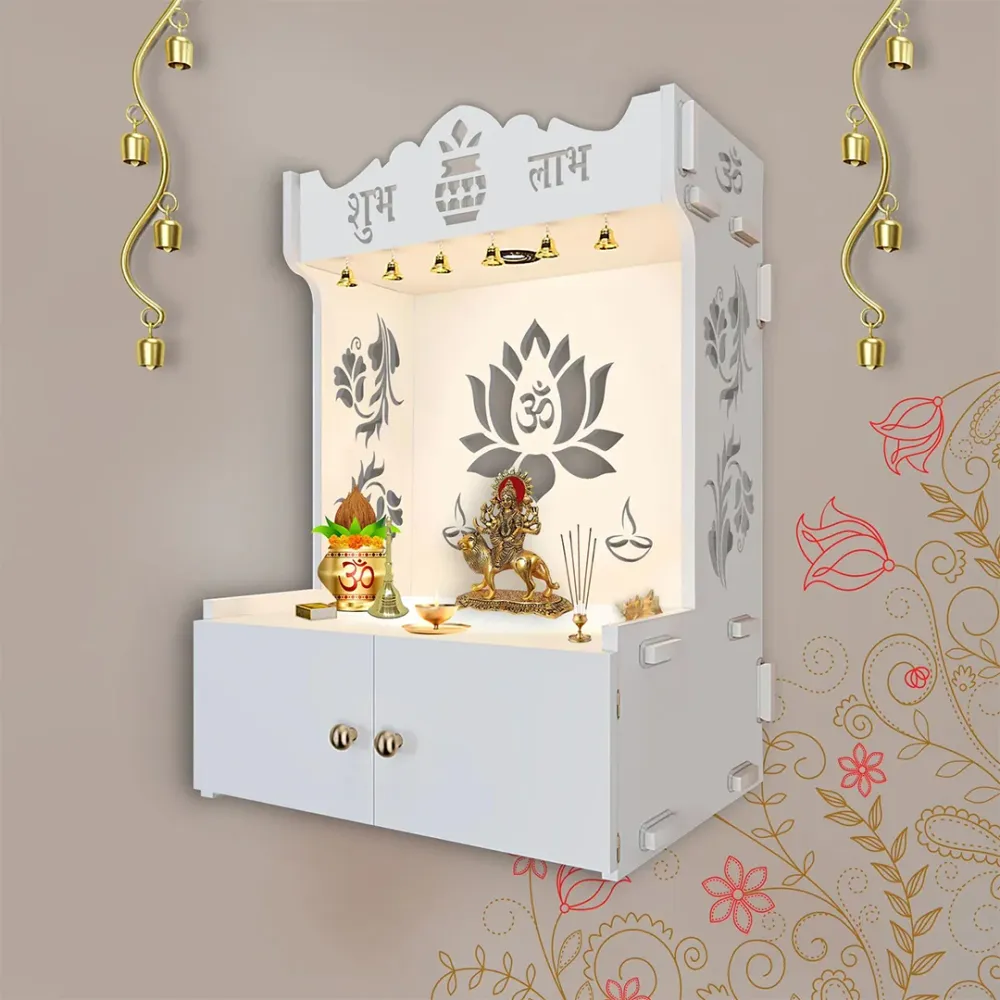 Beautiful Lotus Pattern White Wooden Wall Temple For Home With Inbuilt Focus Lights &amp; Spacious Shelf