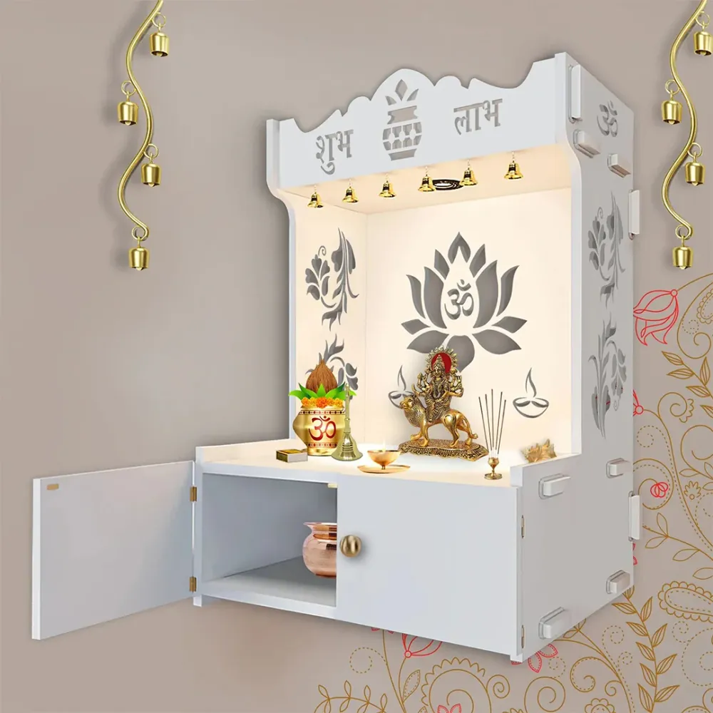 Beautiful Lotus Pattern White Wooden Wall Temple For Home With Inbuilt Focus Lights &amp; Spacious Shelf