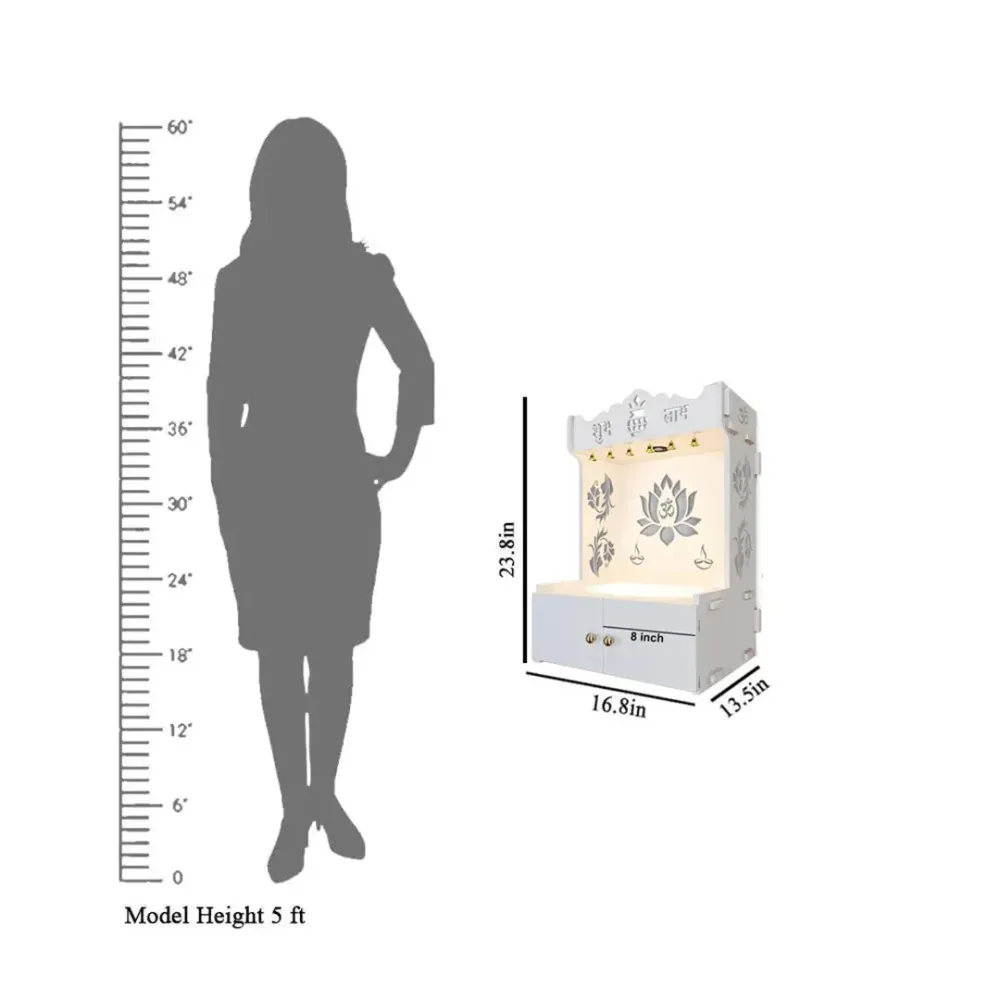 Beautiful Lotus Pattern White Wooden Wall Temple For Home With Inbuilt Focus Lights &amp; Spacious Shelf