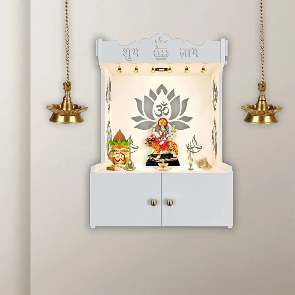 Beautiful Lotus Pattern White Wooden Wall Temple For Home With Inbuilt Focus Lights &amp; Spacious Shelf
