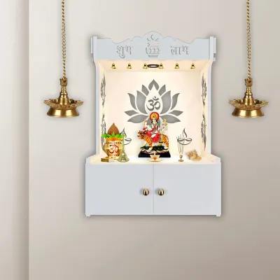 Beautiful Lotus Pattern White Wooden Wall Temple For Home With Inbuilt Focus Lights &amp; Spacious Shelf