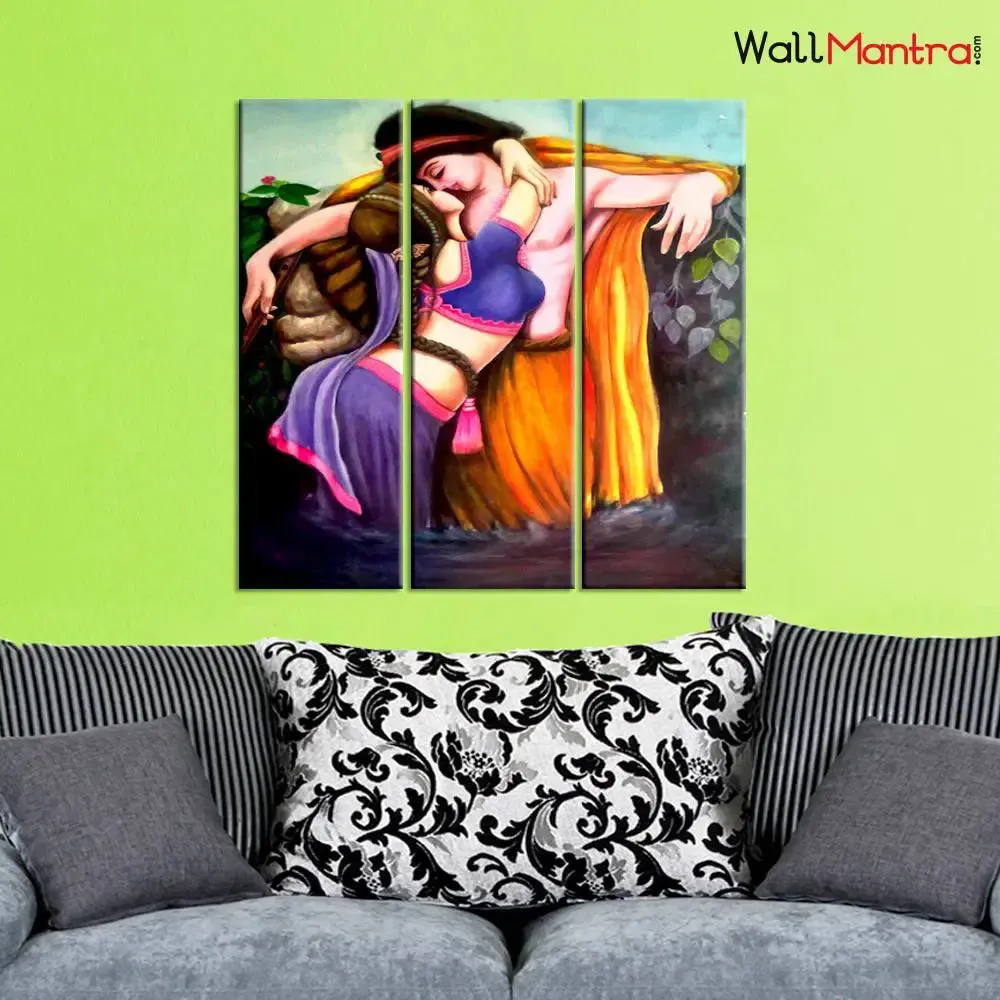 Beautiful Love Couple 3 Pieces Wall Painting with Wooden Framed