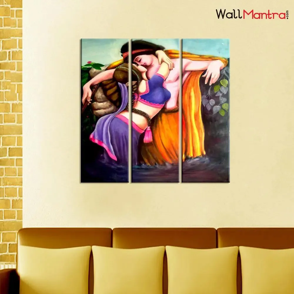 Beautiful Love Couple 3 Pieces Wall Painting with Wooden Framed