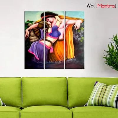 Beautiful Love Couple 3 Pieces Wall Painting with Wooden Framed