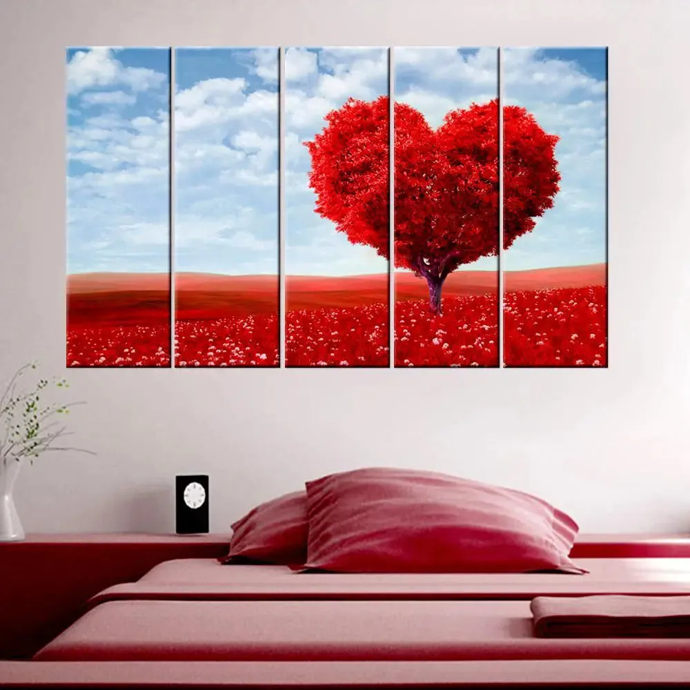 Beautiful Love Tree 5 Pieces Canvas Print Wall Painting