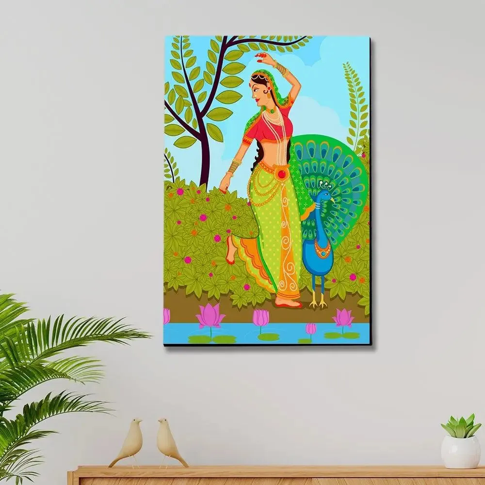 Beautiful Madhubani Painting /  Canvas Print  Stretched on Wood Bars 61 x 41cm With Frame