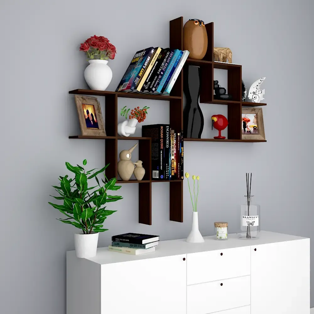 Beautiful Modern Design Wood Wall Shelf / Book Shelf, Walnut Finish