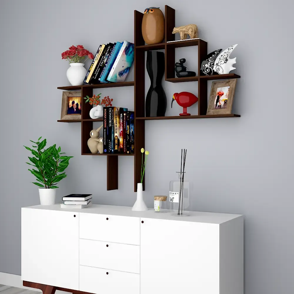 Beautiful Modern Design Wood Wall Shelf / Book Shelf, Walnut Finish