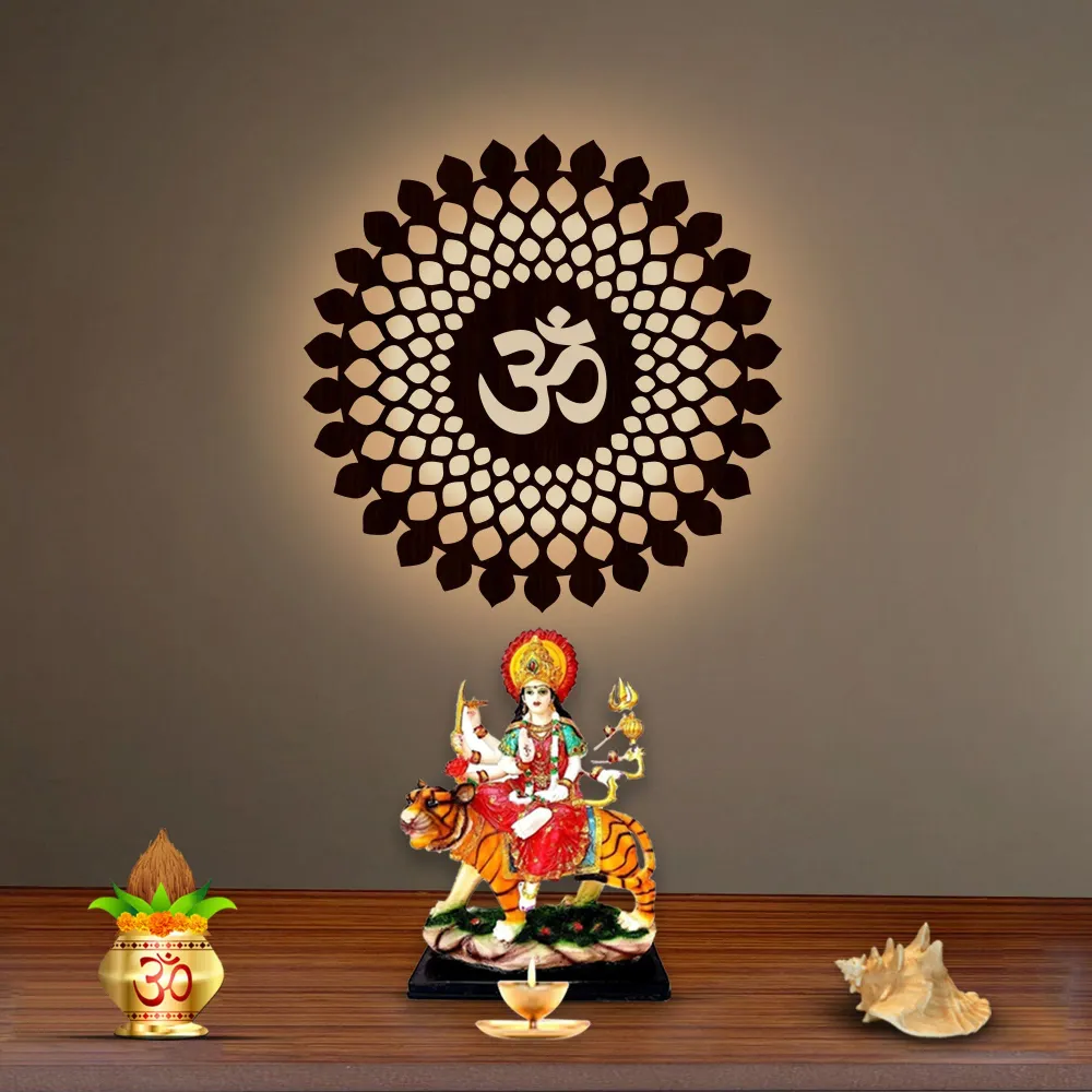 Beautiful OM Mandala Backlit with LED Wooden Wall Hanging Brown