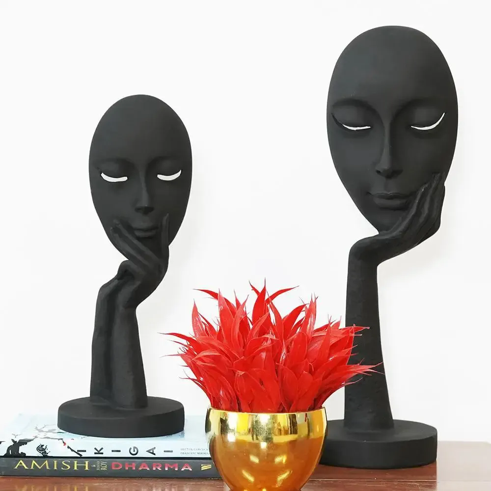 Beautiful Pair of Face Thinker Lady Statue Table Decor Black Color