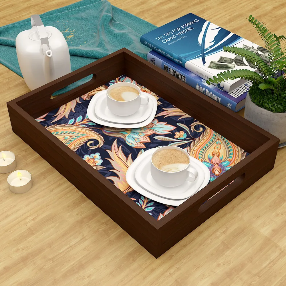 Beautiful Paisley Print Serving Tray Walnut Color