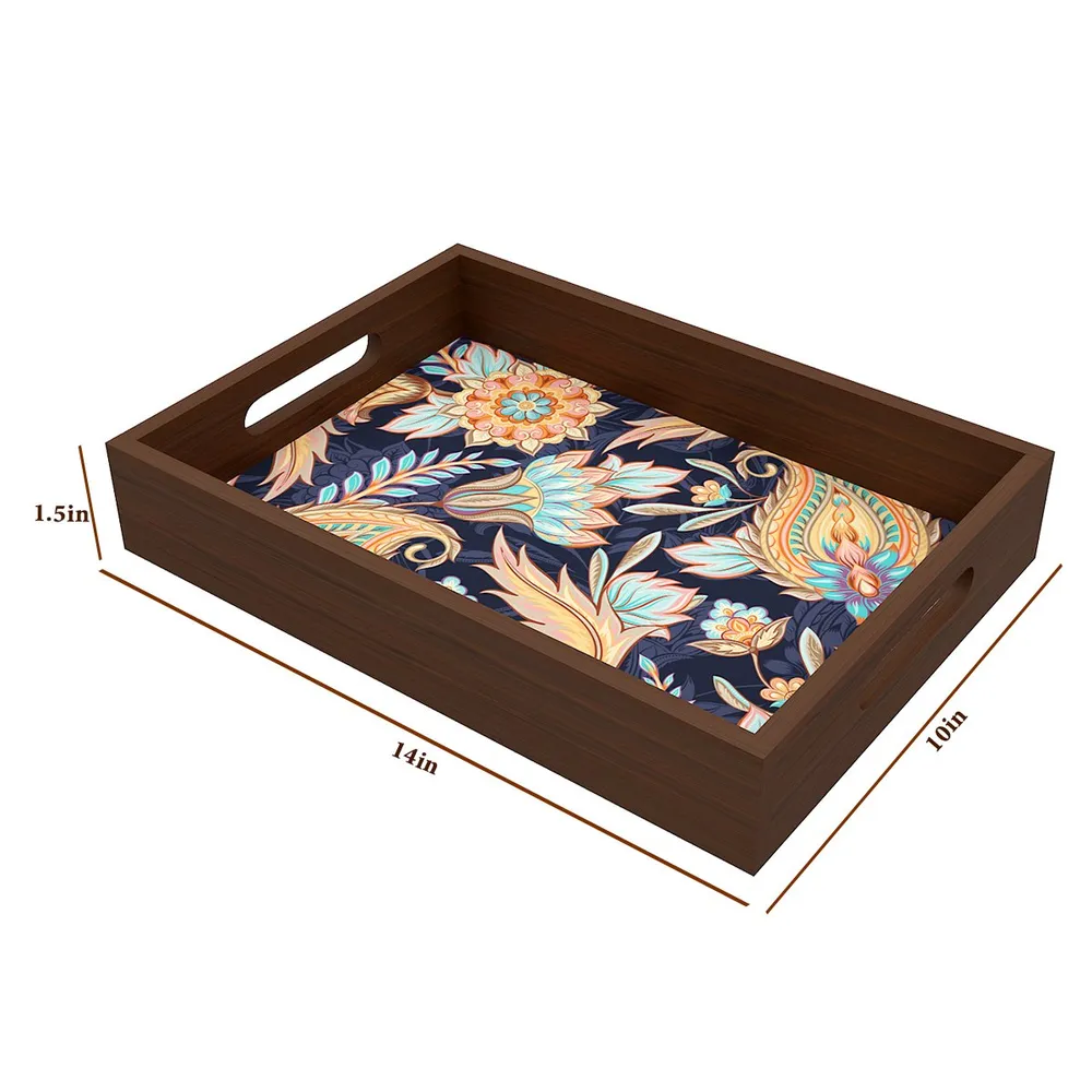 Beautiful Paisley Print Serving Tray Walnut Color