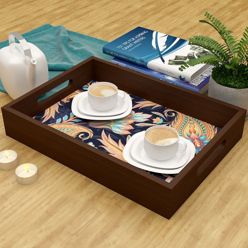 Beautiful Paisley Print Serving Tray Walnut Color
