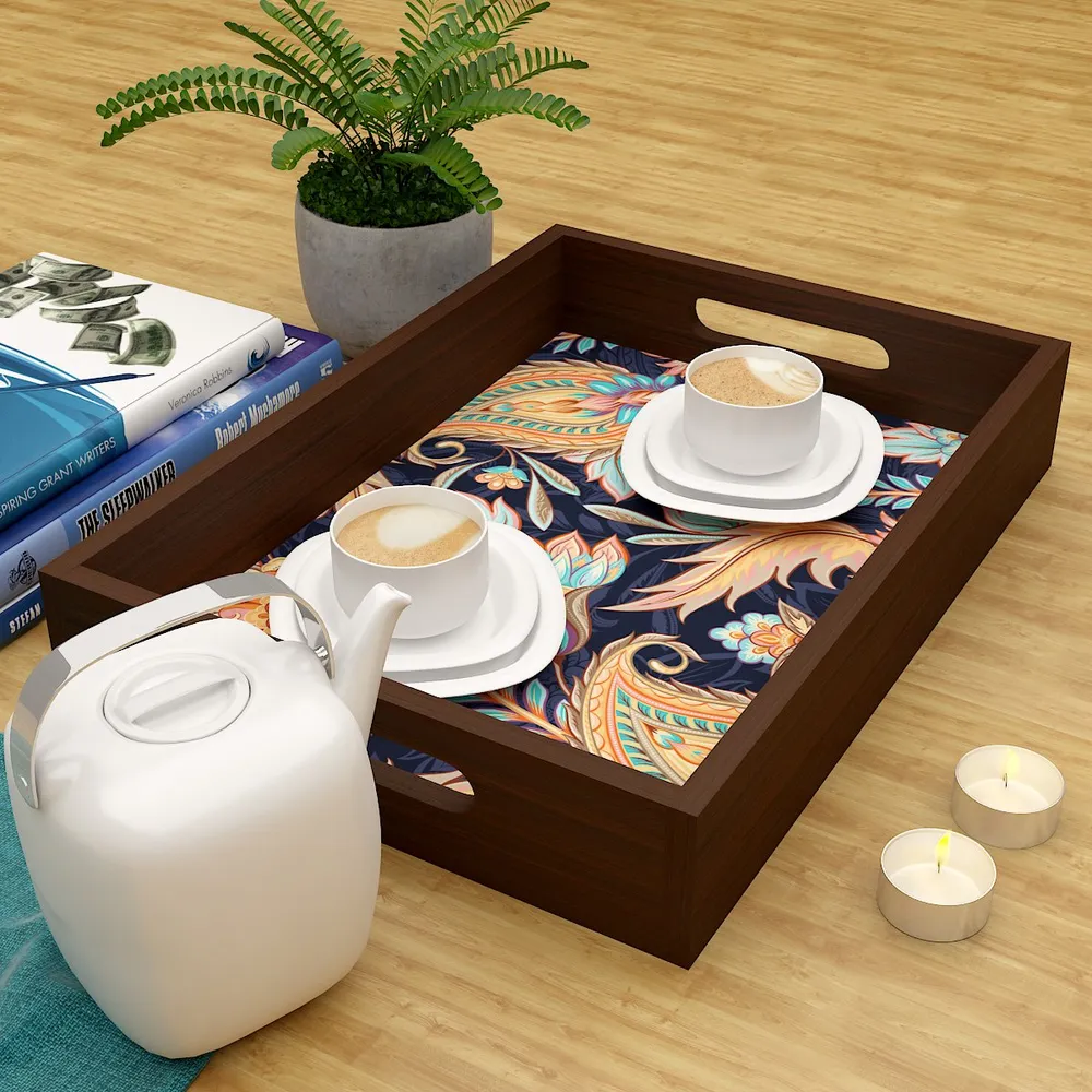 Beautiful Paisley Print Serving Tray Walnut Color