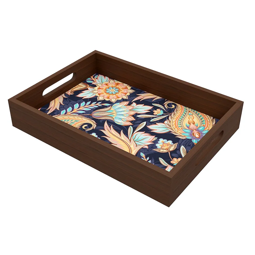 Beautiful Paisley Print Serving Tray Walnut Color