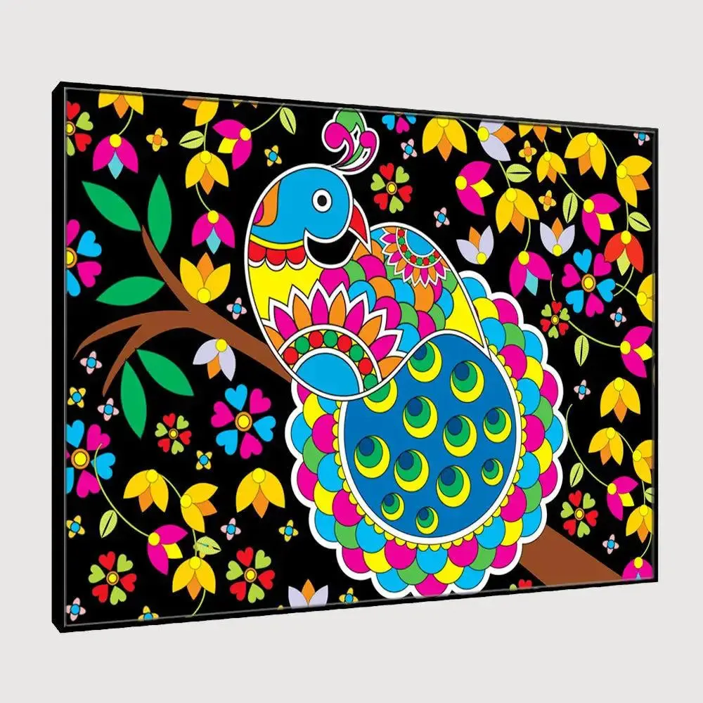 Beautiful Peacock Madhubani Painting /  Canvas Print  Stretched on Wood Bars 61 x 41cm With Frame