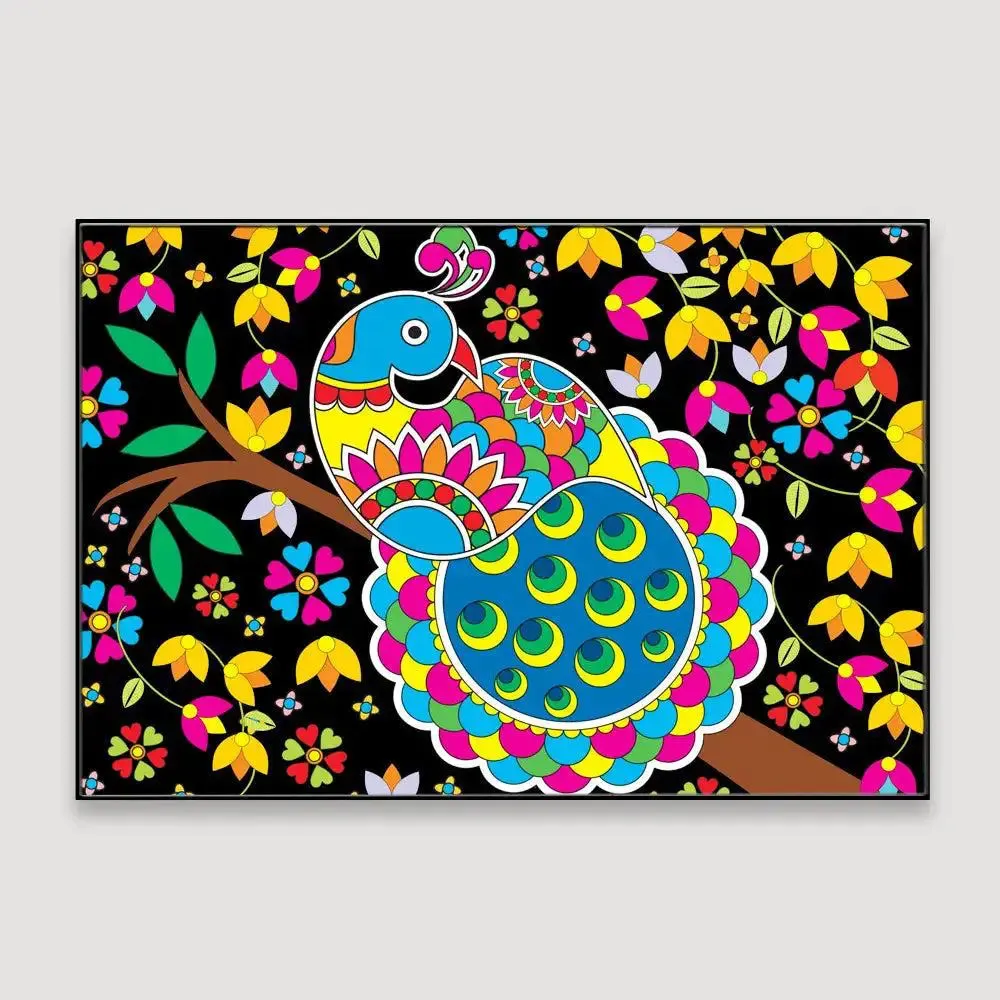 Beautiful Peacock Madhubani Painting /  Canvas Print  Stretched on Wood Bars 61 x 41cm With Frame