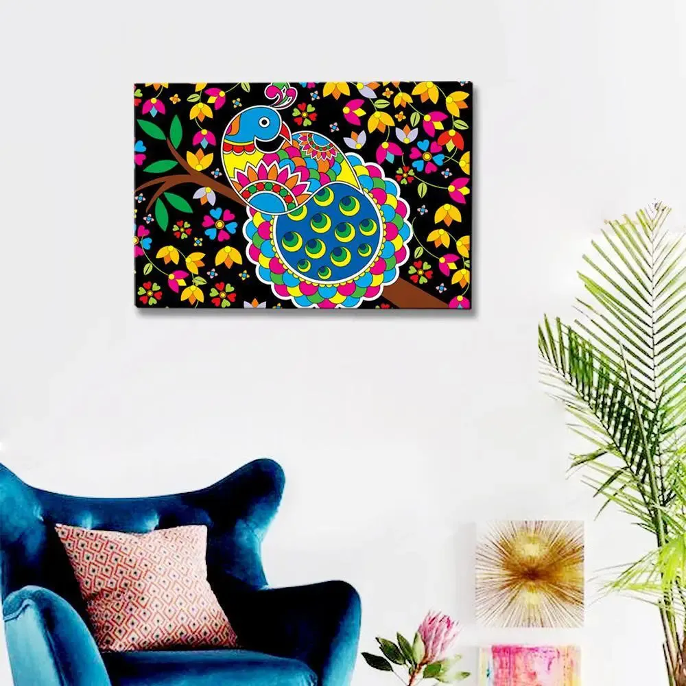 Beautiful Peacock Madhubani Painting /  Canvas Print  Stretched on Wood Bars 61 x 41cm With Frame