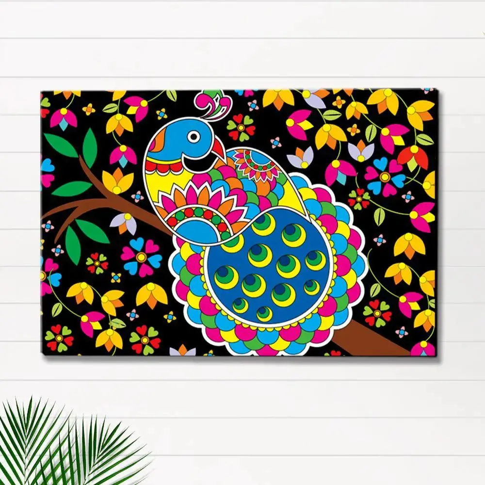 Beautiful Peacock Madhubani Painting /  Canvas Print  Stretched on Wood Bars 61 x 41cm With Frame
