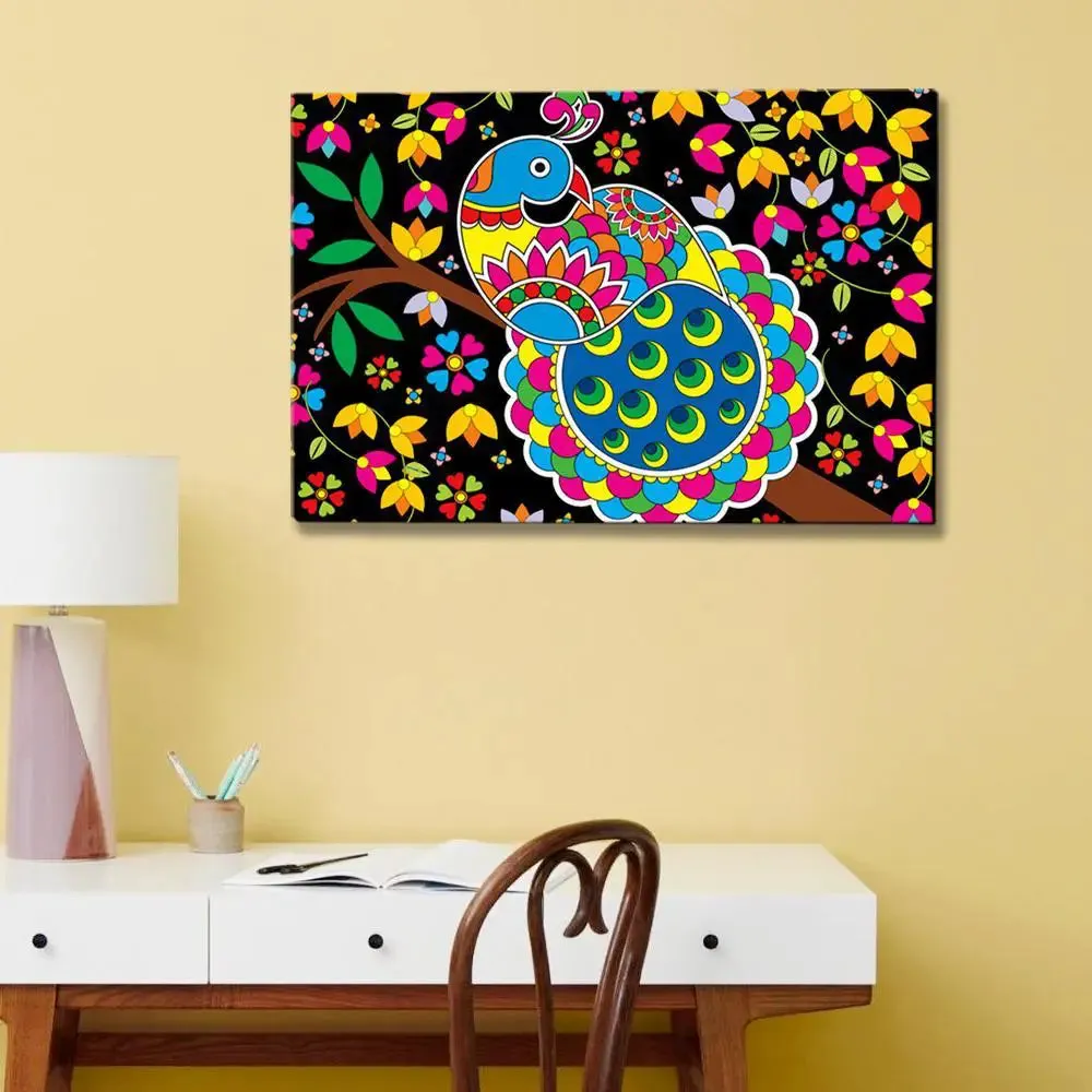 Beautiful Peacock Madhubani Painting /  Canvas Print  Stretched on Wood Bars 61 x 41cm With Frame