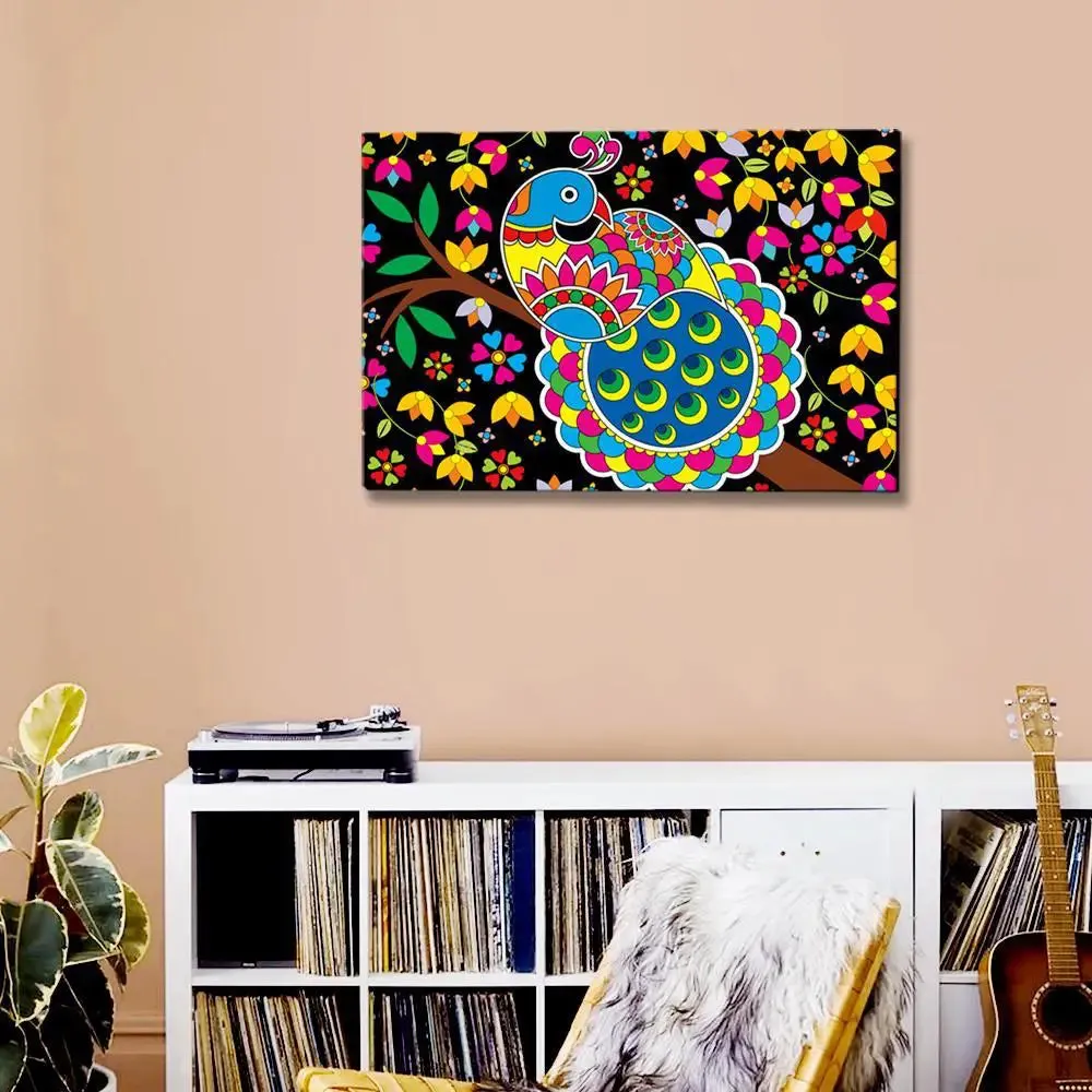 Beautiful Peacock Madhubani Painting /  Canvas Print  Stretched on Wood Bars 61 x 41cm With Frame