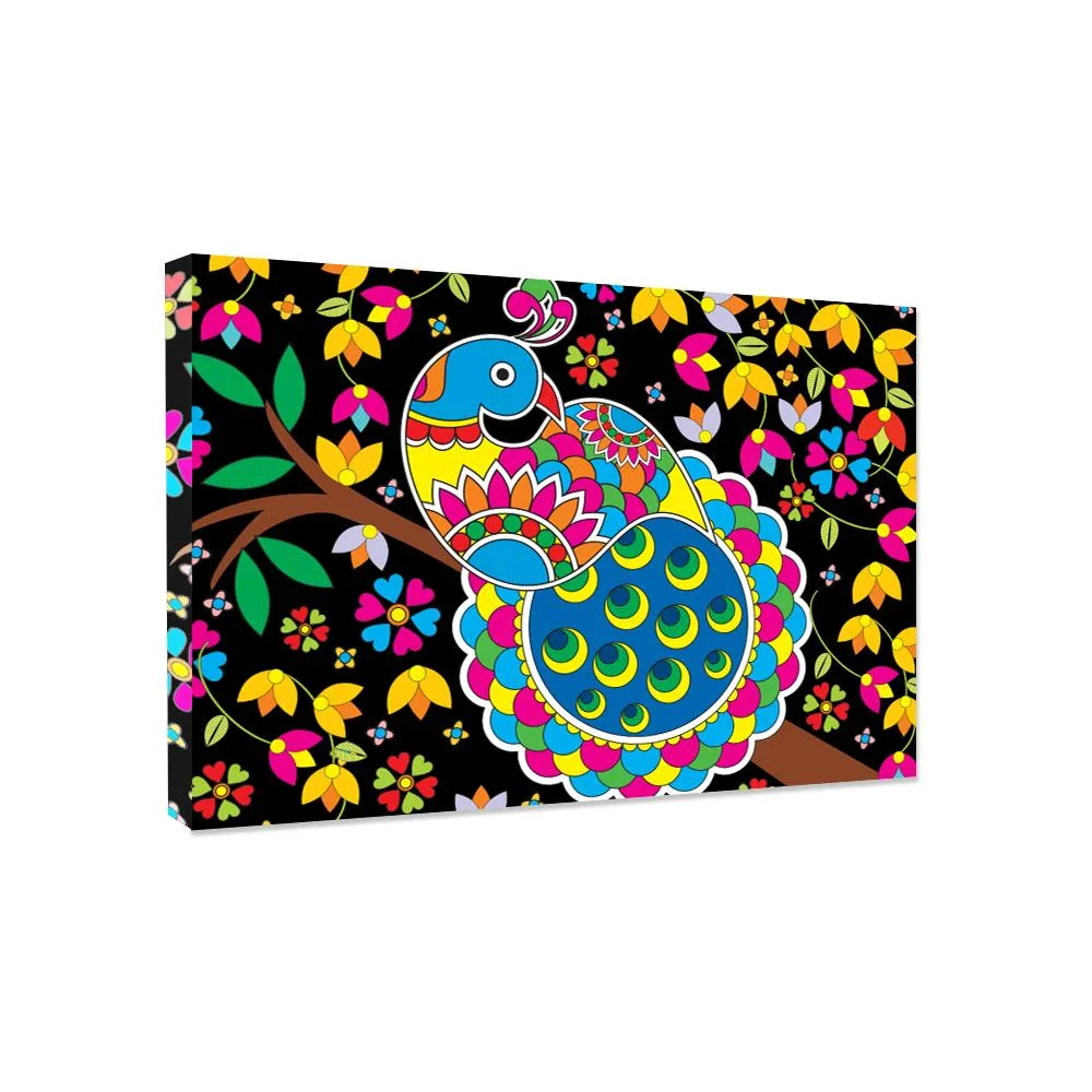 Beautiful Peacock Madhubani Painting /  Canvas Print  Stretched on Wood Bars 61 x 41cm With Frame