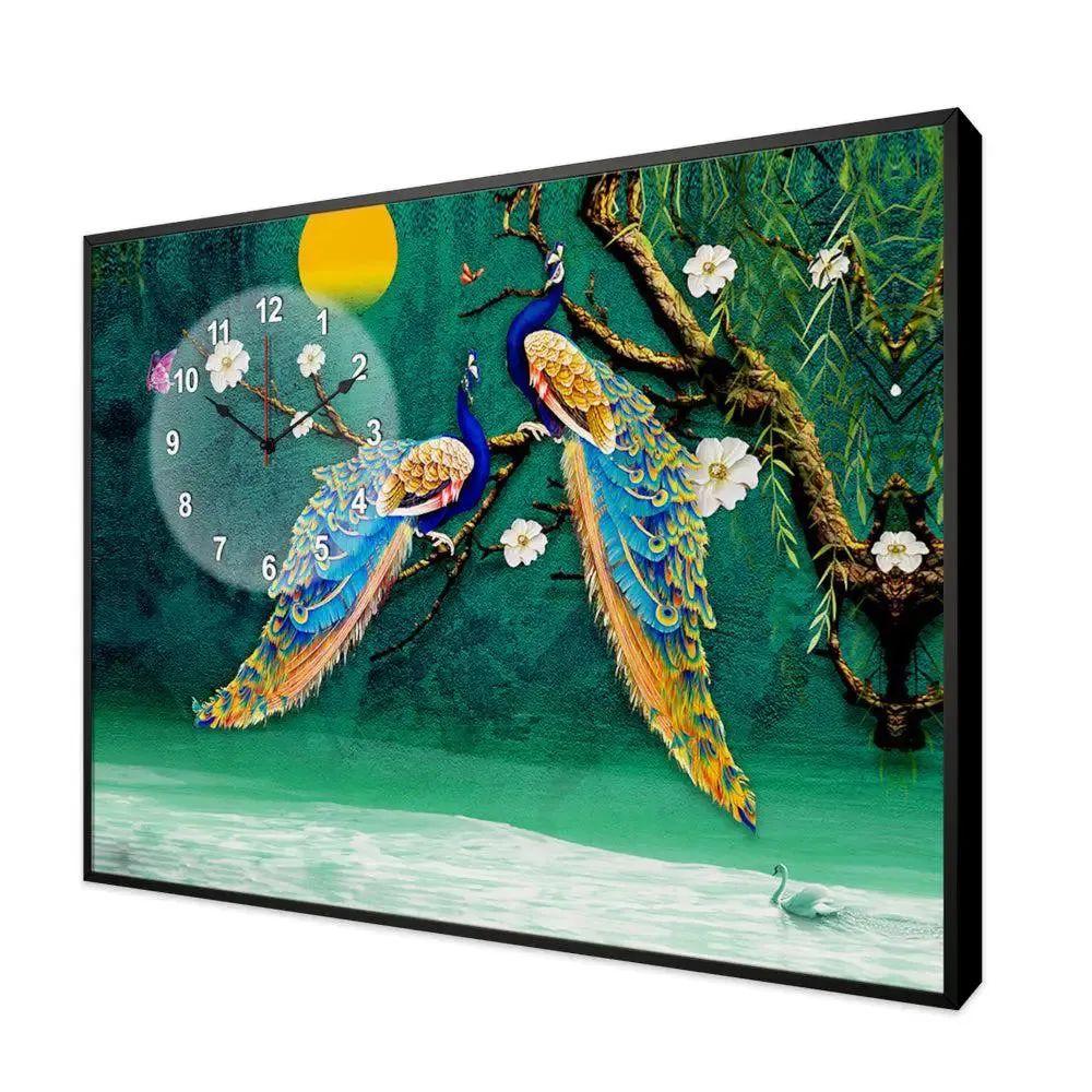 Beautiful Peacock Nature Scenery Canvas Printed Decorative Wall Clock With Floating Frame