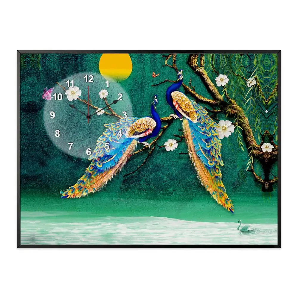 Beautiful Peacock Nature Scenery Canvas Printed Decorative Wall Clock With Floating Frame