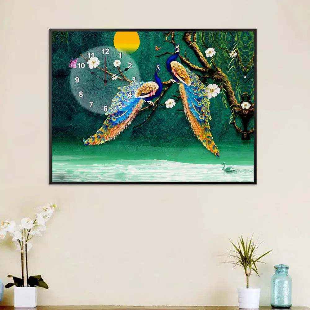 Beautiful Peacock Nature Scenery Canvas Printed Decorative Wall Clock With Floating Frame