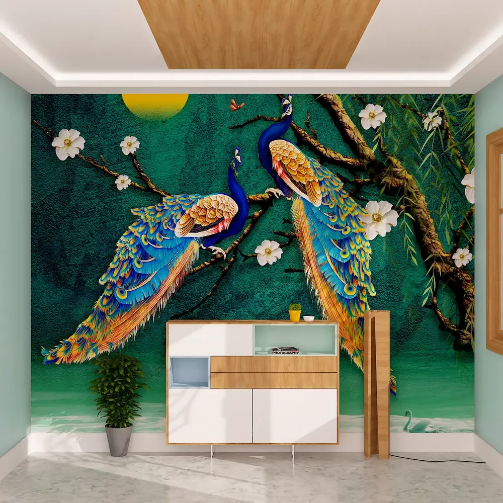 Beautiful Peacock Scenery Wallpaper / High Quality Woven WallPaper /  size 12 ft x 10 ft