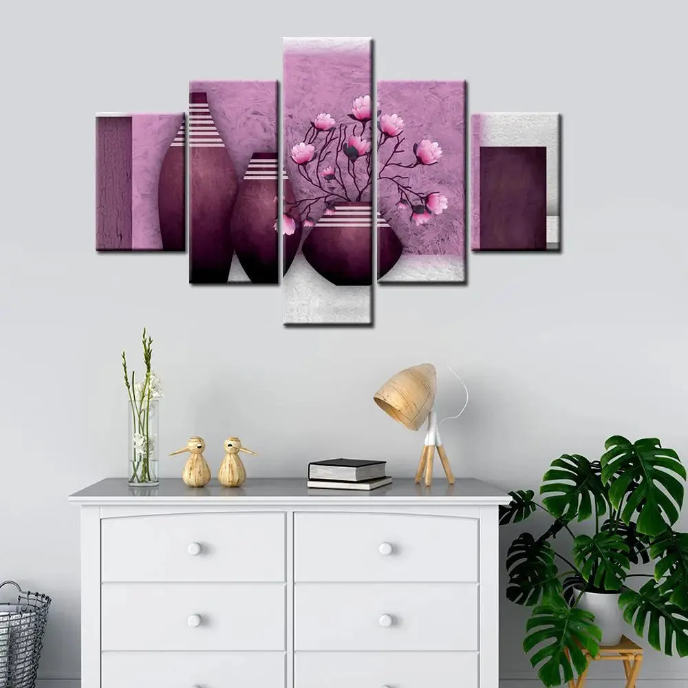 Beautiful Purple Flowers vase 5 Pieces Canvas Print Wall Painting