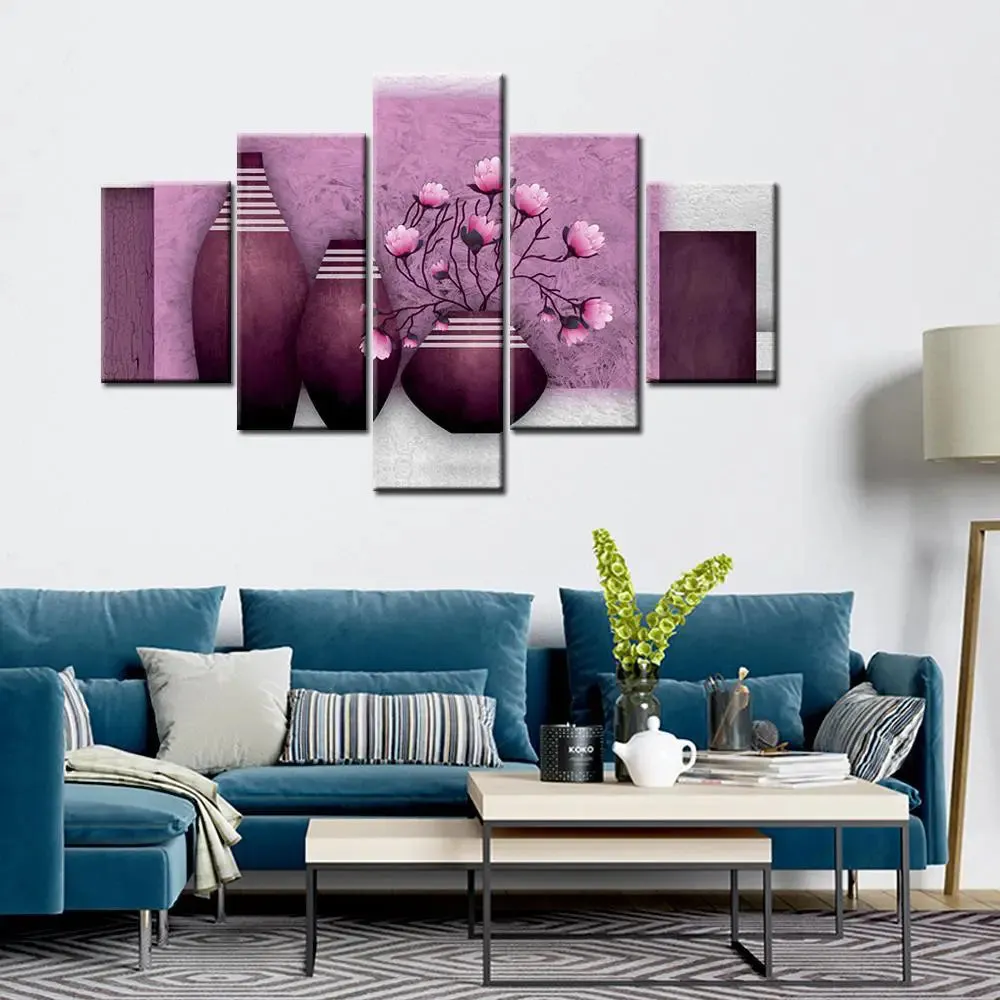Beautiful Purple Flowers vase 5 Pieces Canvas Print Wall Painting