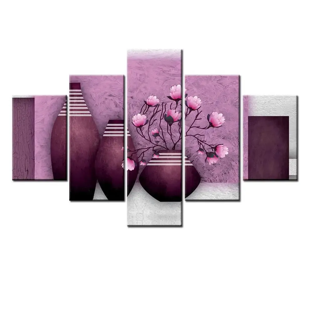Beautiful Purple Flowers vase 5 Pieces Canvas Print Wall Painting