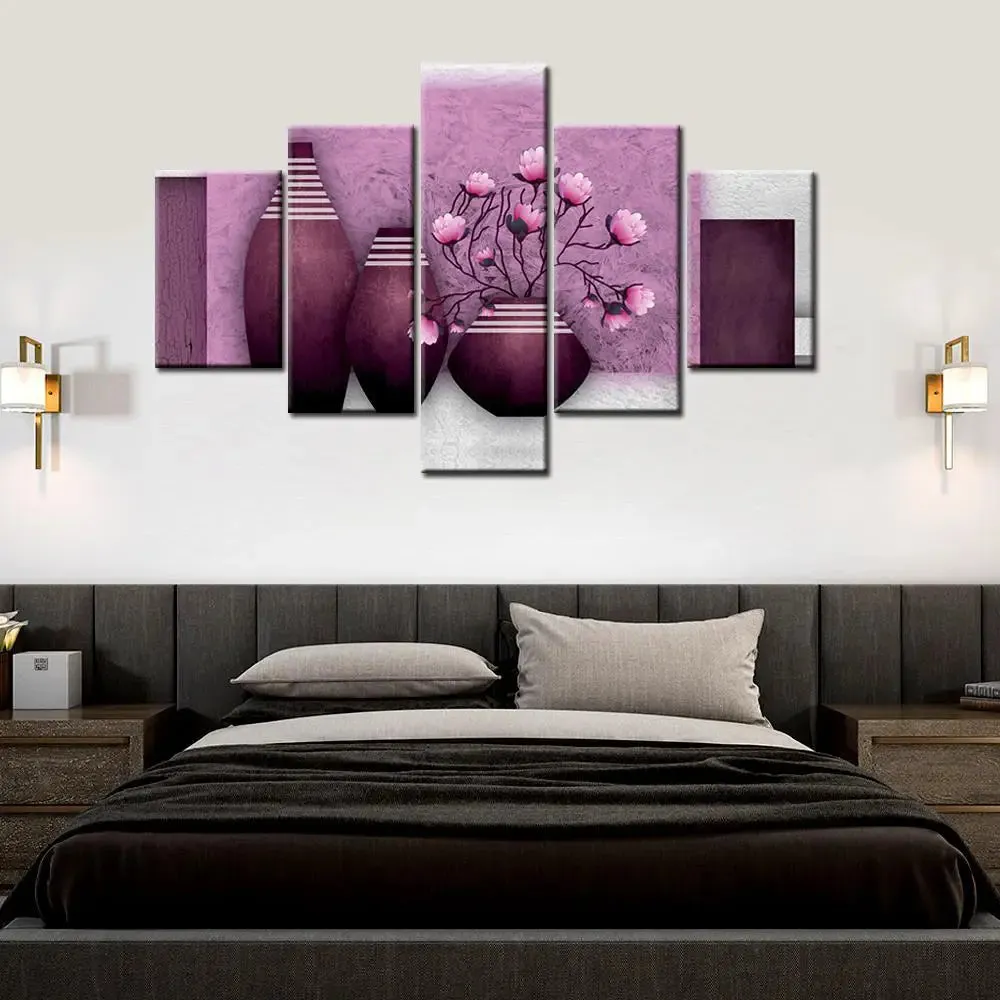 Beautiful Purple Flowers vase 5 Pieces Canvas Print Wall Painting