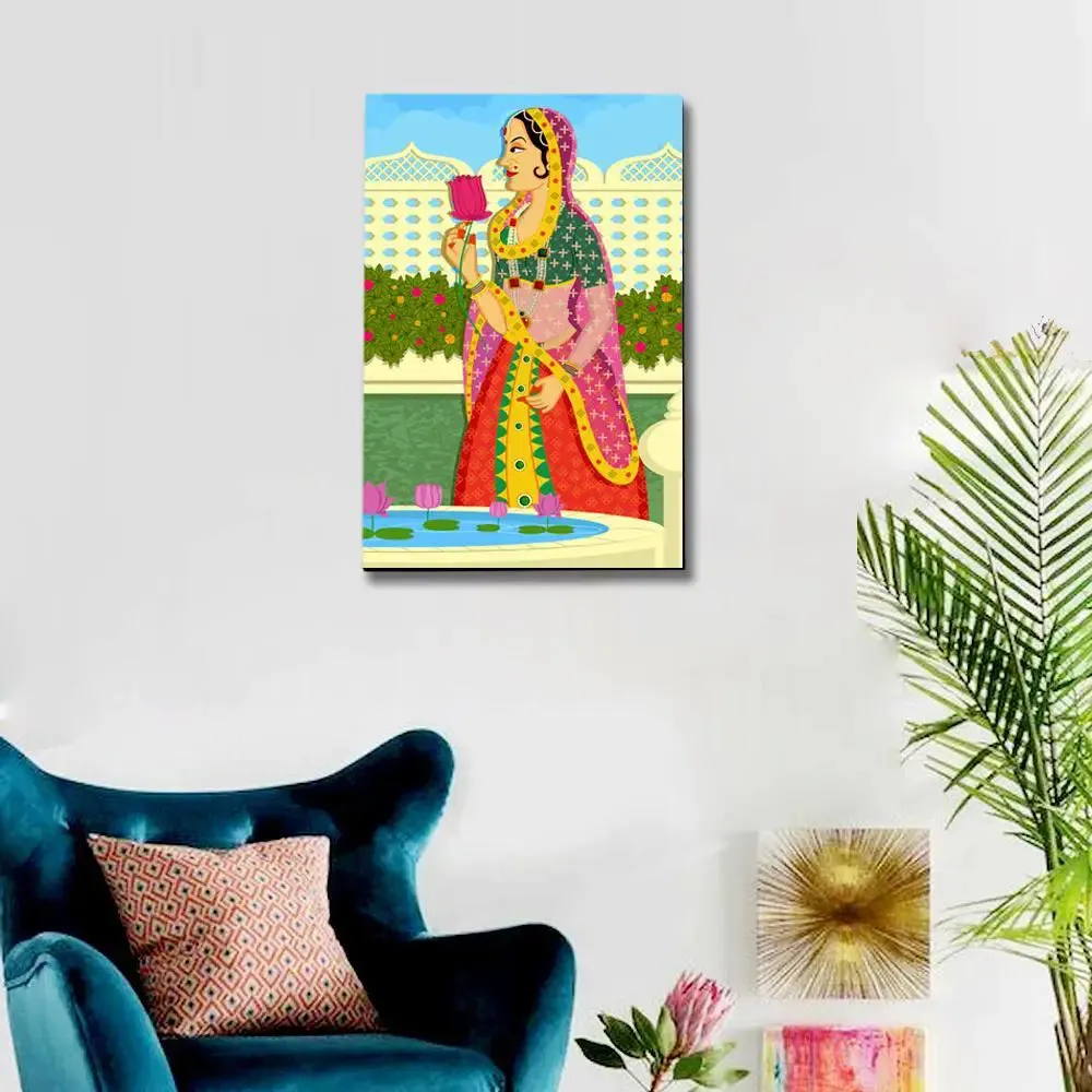 Beautiful Queen at Garden Madhubani Painting /  Canvas Print  Stretched on Wood Bars 61 x 41cm With Frame