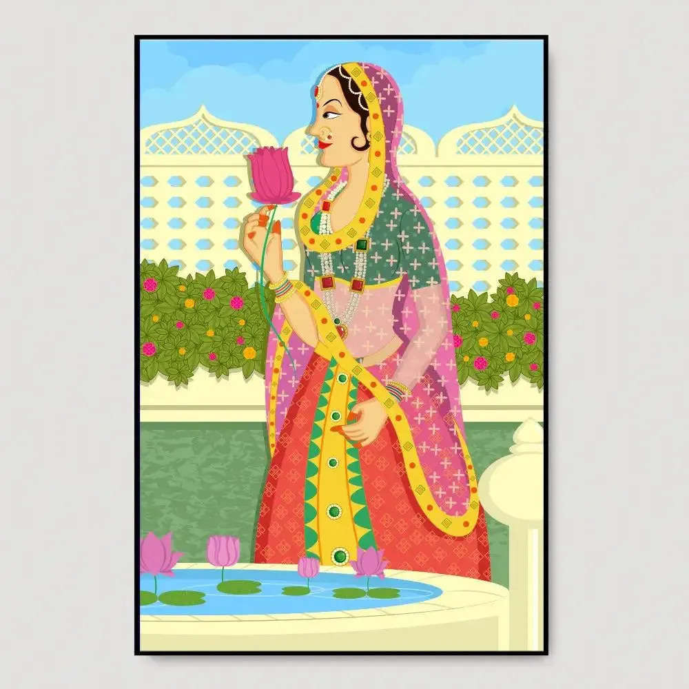 Beautiful Queen at Garden Madhubani Painting /  Canvas Print  Stretched on Wood Bars 61 x 41cm With Frame