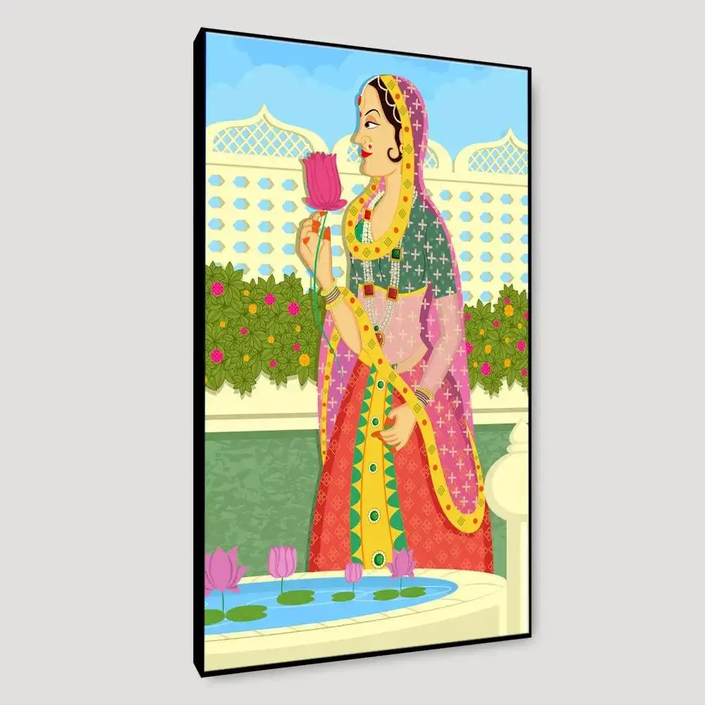 Beautiful Queen at Garden Madhubani Painting /  Canvas Print  Stretched on Wood Bars 61 x 41cm With Frame